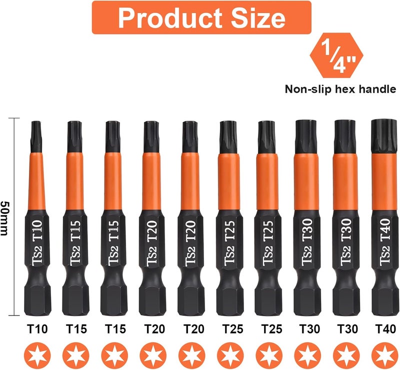 BAIDETS Pro Screwdriver Bit Set - Screwdriver Torx 10 pieces, 50mm length, 1/4” Hex-Shank, with Storage Box - Image 2